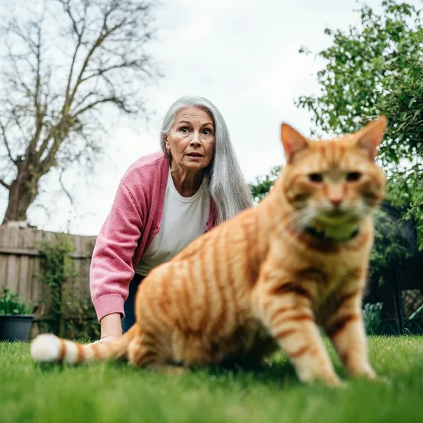 A lady looking at her ginger cat